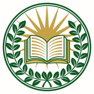 The central element is an open book, representing knowledge, set against a bright, gold/yellow sunburst or starburst background, which suggests illumination and discovery. The entire design is encircled by a dark green laurel wreath, which tradition