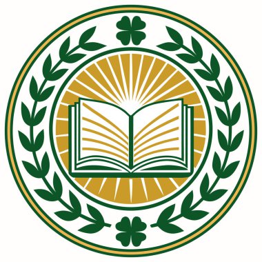 The central element is an open book, representing knowledge, set against a bright, gold/yellow sunburst or starburst background, which suggests illumination and discovery. The entire design is encircled by a dark green laurel wreath, which tradition