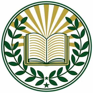 The central element is an open book, representing knowledge, set against a bright, gold/yellow sunburst or starburst background, which suggests illumination and discovery. The entire design is encircled by a dark green laurel wreath, which tradition