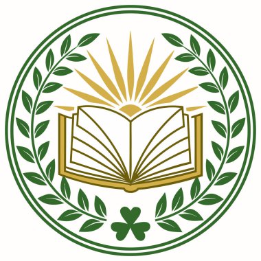 The central element is an open book, representing knowledge, set against a bright, gold/yellow sunburst or starburst background, which suggests illumination and discovery. The entire design is encircled by a dark green laurel wreath, which tradition