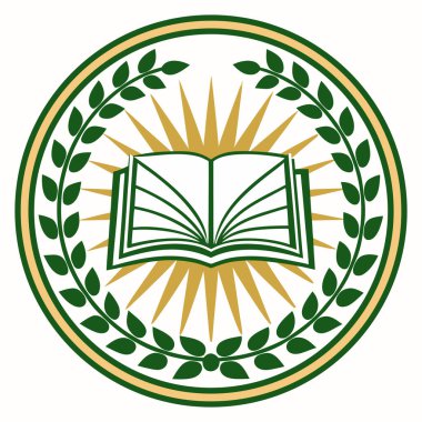 The central element is an open book, representing knowledge, set against a bright, gold/yellow sunburst or starburst background, which suggests illumination and discovery. The entire design is encircled by a dark green laurel wreath, which tradition