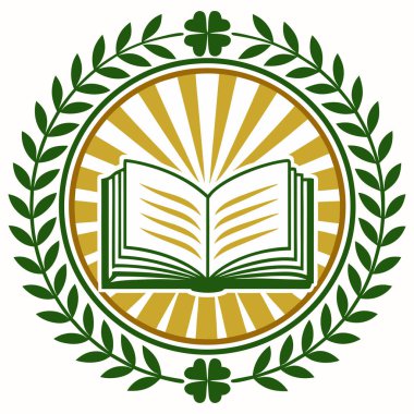 The central element is an open book, representing knowledge, set against a bright, gold/yellow sunburst or starburst background, which suggests illumination and discovery. The entire design is encircled by a dark green laurel wreath, which tradition