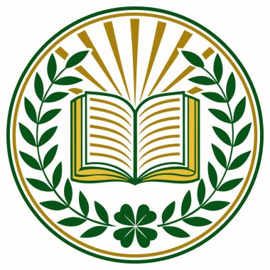 The central element is an open book, representing knowledge, set against a bright, gold/yellow sunburst or starburst background, which suggests illumination and discovery. The entire design is encircled by a dark green laurel wreath, which tradition