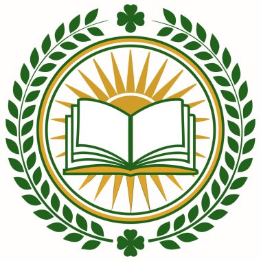 The central element is an open book, representing knowledge, set against a bright, gold/yellow sunburst or starburst background, which suggests illumination and discovery. The entire design is encircled by a dark green laurel wreath, which tradition