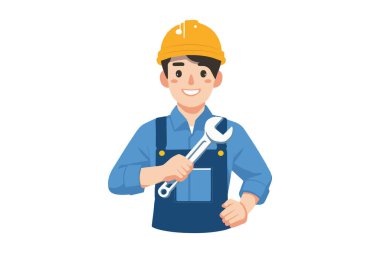 Gülümseyen İnşaatçı jpg Tamirci Jpg Tamirci Erkek Mühendisi Sert Şapka Tesisatçısının Görüntü Yöntemi: Wrench İnşaat Hizmetleri Bakım Logosu Tipi: Beyaz arka plan