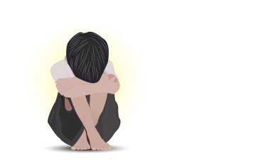Terk edilmiş yalnız okul çocuğu yalnız başına oturup acı çekiyor. Korkak yetim mutsuz Asyalı çocuk elleriyle yüzünü kapatmış. Cezadan sonra korku. Çocuklara yönelik aile içi şiddet izole edilmiş sanat
