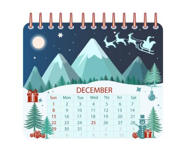 Neşeli Mutlu Noeller Illustration png 'i. Noel Baba Ay Işığında Karlı Dağ Sırasının Üzerinde Uçuyor Süslü Takvim Hediyeleri Veriyor Tatil Tarihleri ve Kış Kutlamaları vektörleri