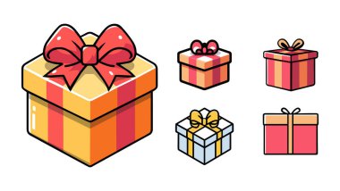 Noel, doğum günü, sevgililer günü ve e-ticaret gibi etkinlikler için özelleştirilebilir, kurdeleli hediye kutularının renkli png çizimi. Şenlikli tasarımlar, çıkartmalar ve hediye paketleri için mükemmel..