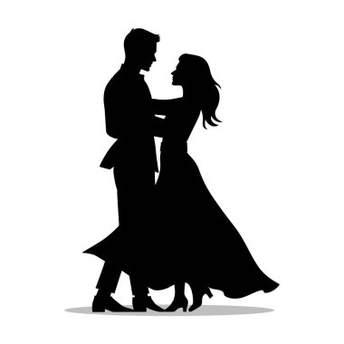 Bir parti balo salonunda dans eden romantik siluet bir çift zarif bir hareket ve 50 'lerin tutkusuyla aşık bir adam ve gelin kadın beyaz arka planda izole edilmiş bir düğün salsa gösterisiyle flört etmekten zevk alıyorlar.
