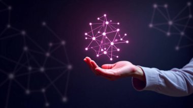 Metaverse Teknoloji kavramları. Global ağ bağlantısını elinde tutan kadın. İnternet iletişimi, kablosuz bağlantı teknolojisi. Çokgen şekilli gelecekçi teknoloji.