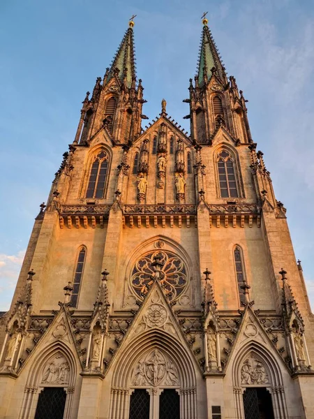 Die Fassade Der Neugotischen Kathedrale Wenzel Olomouc Ist Mit Skulpturen — Stockfoto