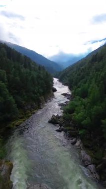 Görkemli dağlardan ve yoğun yeşillikten zarif bir şekilde akan dolambaçlı bir nehrin çarpıcı ve pitoresk manzarası.