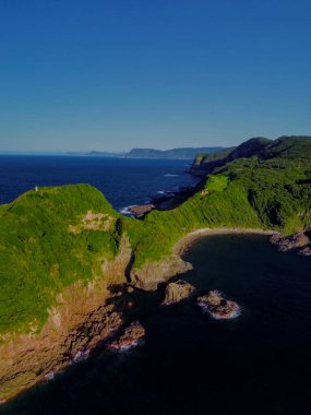 Bu hava manzarası canlı bir kıyı şeridi gösteriyor yemyeşil bitki örtüsü ve şaşırtıcı derecede berrak mavi suları var.