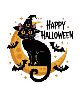 Cadılar Bayramı 'nız kutlu olsun Cadı Şapkalı Kara Kedi Ay Vektörü. Cadılar Bayramı Çizimi 