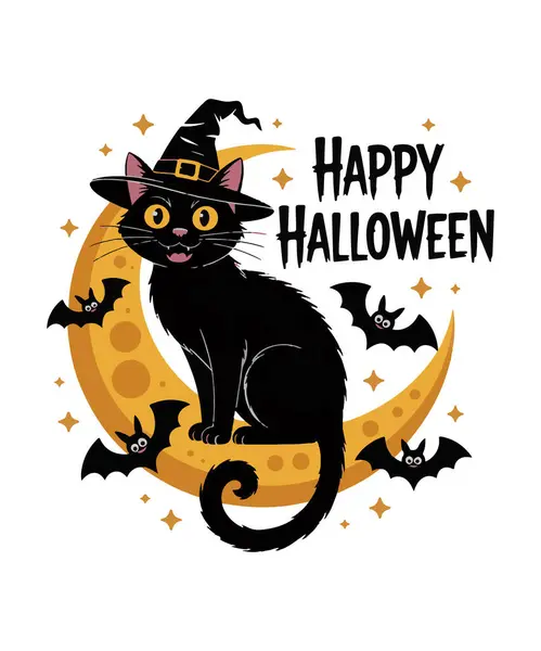 Cadılar Bayramı 'nız kutlu olsun Cadı Şapkalı Kara Kedi Ay Vektörü. Cadılar Bayramı Çizimi 