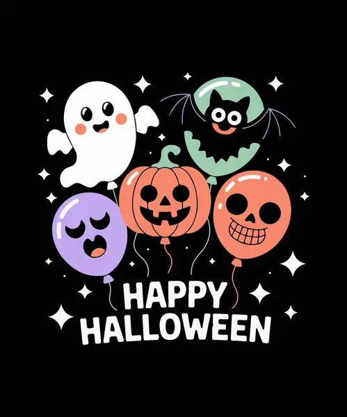 Canlı Cadılar Bayramı Partisi Balon Vektörü İllüstrasyonu. Hayalet, Yarasa, Canavar, Balkabağı ve Kafatası 'nı içeren Renkli Balon Koleksiyonu Tatil İçin Mükemmel