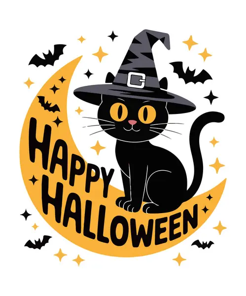 Hilal Ay 'da Cadı Şapkası Giyen Kara Kedi' yle Cadılar Bayramın kutlu olsun. Cadılar Bayramı Vektörü
