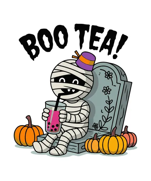 Sıradan bir Cadılar Bayramı Karakteri Çizimi. Sevimli Bandajlı Mumya Kutlama Mezarlığında Çayı yudumluyor.