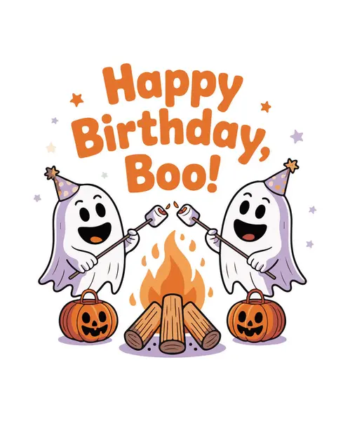 Cadılar Bayramı 'nda şirin hayaletler, fenerler, kamp ateşi, şekerlemeler. Doğumgününü Kutlayan Çizgi Film Hayaletleri