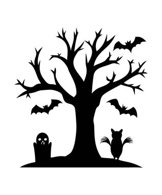Baykuşlu Çıplak Ağaç, Yarasa ve Mezar Taşları Silueti Cadılar Bayramı Vektörü