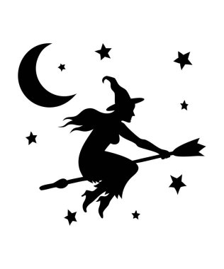  Cadılar Bayramı için Yıldızlı Uçan Cadı Süpürge Siluet Vektörü ve Hilal Ay