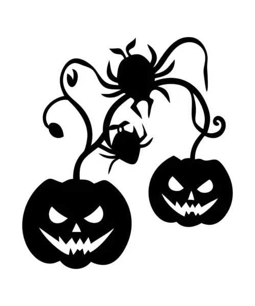 Sarmaşıklı Ürkütücü Balkabağı Yüzleri ve Örümcekler Cadılar Bayramı Siluet Vektör Sanatı