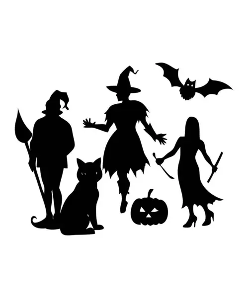 Siluetteki Cadılar Bayramı Karakterleri Grubu Cadı, Balkabağı, Kedi, Yarasa, Hayalet