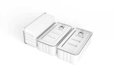 Beyaz arka planda boş alüminyum sardalya teneke gıda ambalajı, izole edilmiş 3D görüntüleme