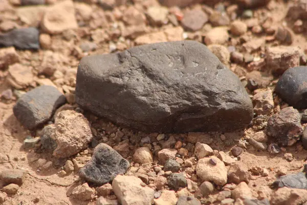 Yerdeki siyah bir taşın yakın çekim görüntüsü.