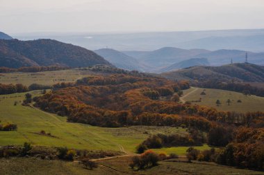 Manzara, yumuşak, bulutlu bir gökyüzünün altındaki mesafeye uzanan, canlı sonbahar renkleriyle süslenmiş yuvarlanan tepeleri içerir..