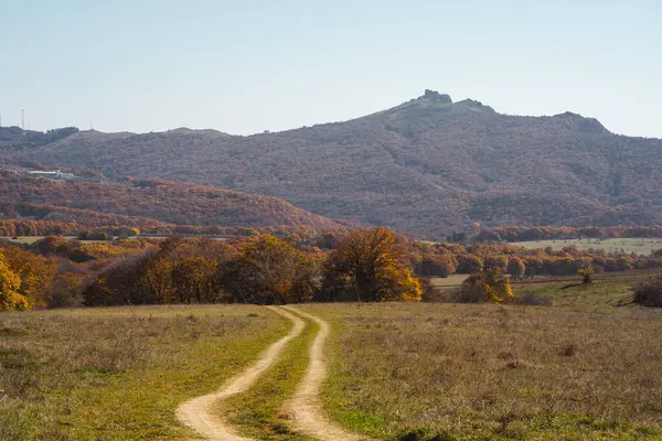 Dolambaçlı bir toprak yol, arka planda tepeler ve yukarıda açık mavi bir gökyüzü olan renkli bir sonbahar manzarasına çıkar..