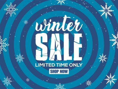 Mavi beyaz indirimli kar taneleri. Kış arkaplan tasarımı. Mutlu Noeller, mutlu yıllar, alışveriş terfisi. Vektör illüstrasyonu.