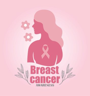 Göğüs kanseri farkındalığı silueti, pembe kurdele ve çiçek aksanı..