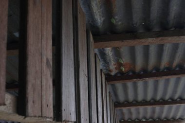 Fotoğrafta kıvrımlı metal çatılı ahşap bir duvar görülüyor. * Görünüşte, bükülmüş metal çatılı ahşap bir yapı gösterilir.