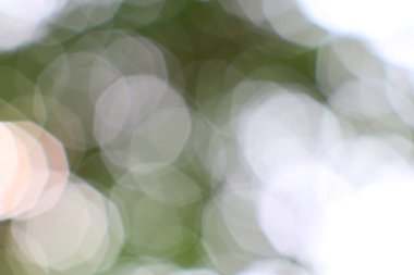 Yumuşak bokeh ışıkları ve bulanık yeşillik içeren ruhani bir zemin.