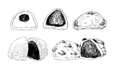 Japon tatlılarının eskiz seti. El yapımı tatlı mochi. Geleneksel Japon yemek vektörü çizimi. Yemek yapmak, menü konsepti. Doodle tarzı. Japon geleneksel mutfağı tatlıdır.