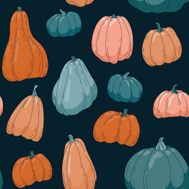Renkli balkabaklarının kusursuz deseni. Düz bir şekilde vektör illüstrasyonu.