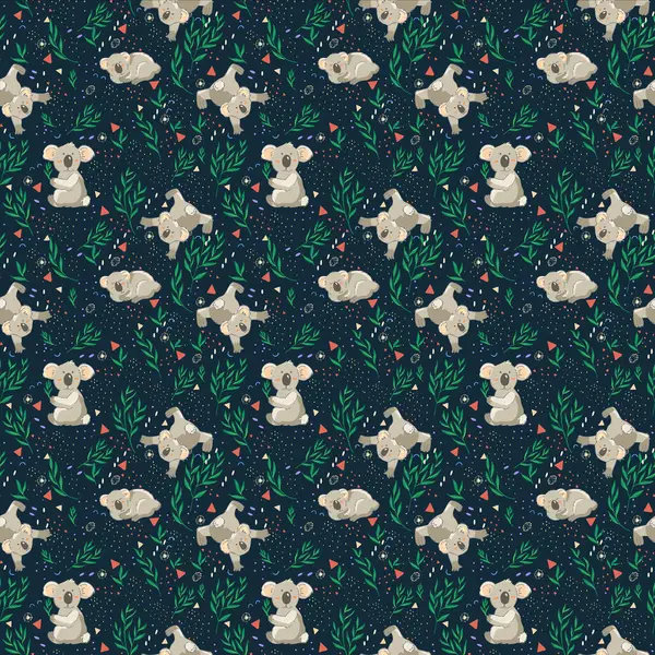Koala deseni. Bitki yaprakları ve dalları olan kusursuz ayı hayvanları. Yapraklar ve şekiller arasında sevimli küçük karakterler.
