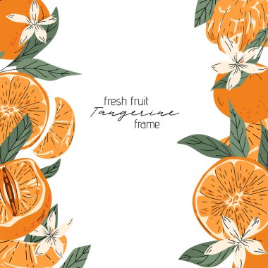 Çiçek ve Yaprak Elementleri ile Mandalina Meyve Çerçevesi Taze ve Canlı Citrus İllüstrasyonu