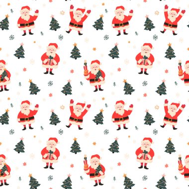 Noel Baba 'nın Noel ağaçlı kış şablonu. Noel unsurları ambalaj kağıdı, hediye kartı, hediye kutuları, yeni yıl için kusursuz desen.