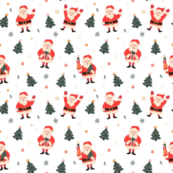 Noel Baba 'nın Noel ağaçlı kış şablonu. Noel unsurları ambalaj kağıdı, hediye kartı, hediye kutuları, yeni yıl için kusursuz desen.