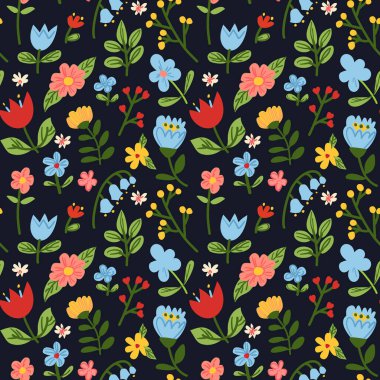 Sevimli yay, dikişsiz çiçek deseni. Siyah arka planda renkli çiçekler. El çizimi minimalizm