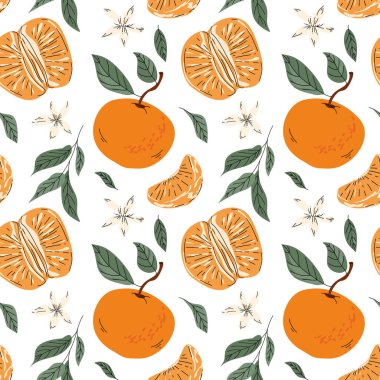 Mandalina ve yeşil yapraklı kusursuz desen. Tam mandalina, dilimler, çiçekler, yapraklar. Ambalaj kağıdı, tekstil, ambalaj, kozmetik