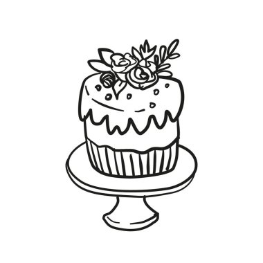 Gül desenli el çizimi bir kutlama pastası. Beyaz arkaplanda vektör illüstrasyonu.