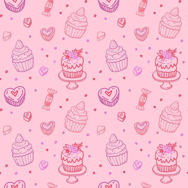 Kekler, kekler, kalp şeklindeki tatlılar ve pastel arka planda pembe ve kırmızı tonlarda şekerler içeren şakasız bir şablon..