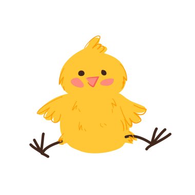 Neşeli, sarı bir civcivin bacakları açık ve neşeli bir ifadeyle oturduğu tasviri. Çocuklar ve Paskalya temaları için mükemmel.