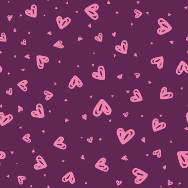Elle çizilmiş, farklı boyutlarda pembe kalpler içeren, pürüzsüz, oyuncu desenler, koyu mor bir arka plana saçılmış..