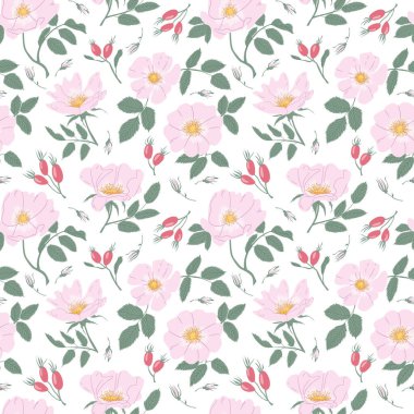 Beyaz arka planda yumuşak pembe güller, yeşil yapraklar ve gül kalçalar içeren zarif, pürüzsüz desenler doğal ve taze bir tasarım yaratıyor..