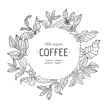 Bitki çelengi yapraklı ve böğürtlenli, botanik çizgisi tarzı. Ortasında beyaz bir arkaplan olan dairesel çiçek çerçevesi. Siyah beyaz illüstrasyon.