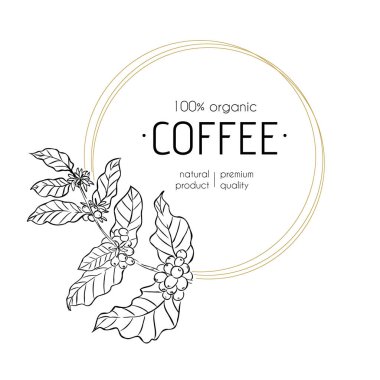 Sanat tarzında yaprakları ve böğürtlenleri olan bir kahve dalı. Ortasında yazı olan dairesel altın çerçeve. Siyah beyaz botanik illüstrasyon.